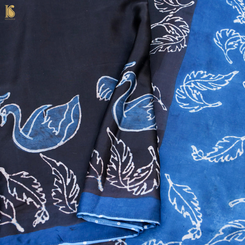 Pakshi - Blue & Black Pure Modal Silk Ajrakh Saree - Khinkhwab