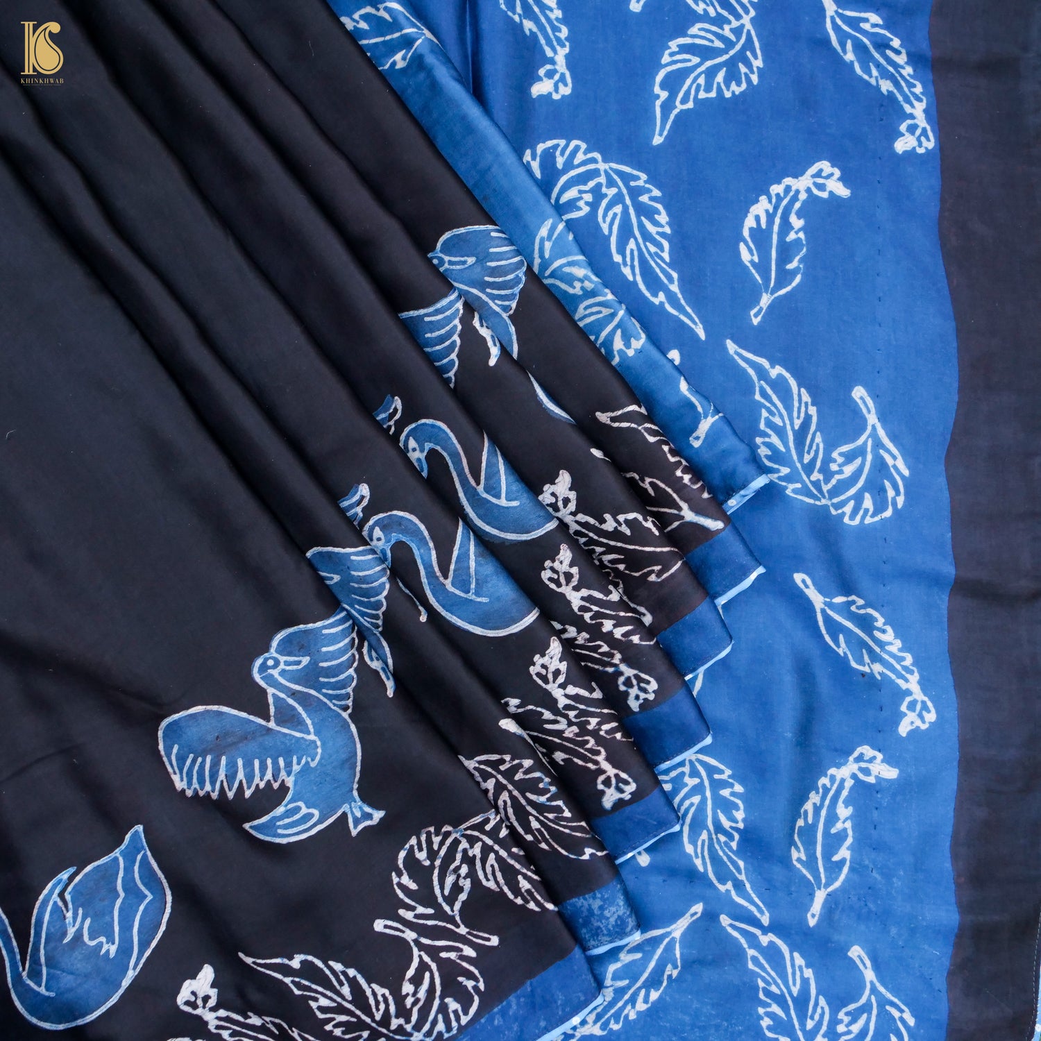 Pakshi - Blue &amp; Black Pure Modal Silk Ajrakh Saree - Khinkhwab