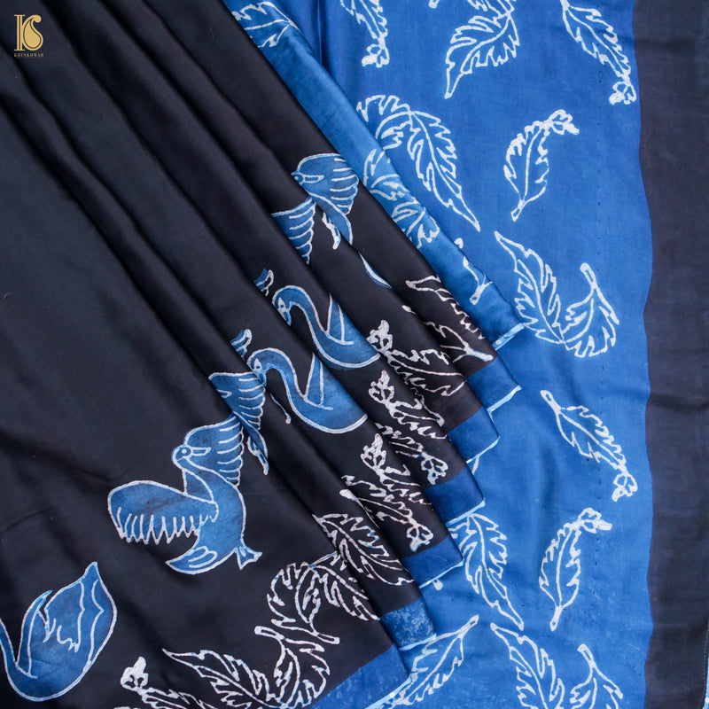 Pakshi - Blue & Black Pure Modal Silk Ajrakh Saree - Khinkhwab