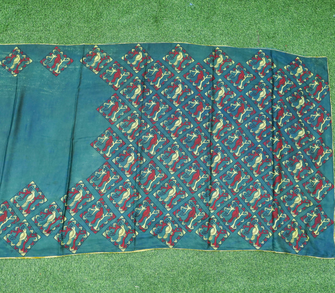 Pakshi - Green Pure Modal Silk Ajrakh Saree - Khinkhwab