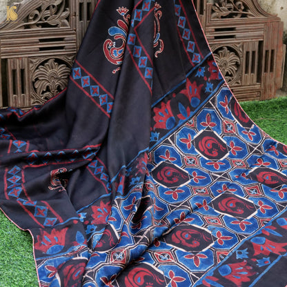 Pakshi - Blue &amp; Black Pure Modal Silk Ajrakh Dupatta - Khinkhwab