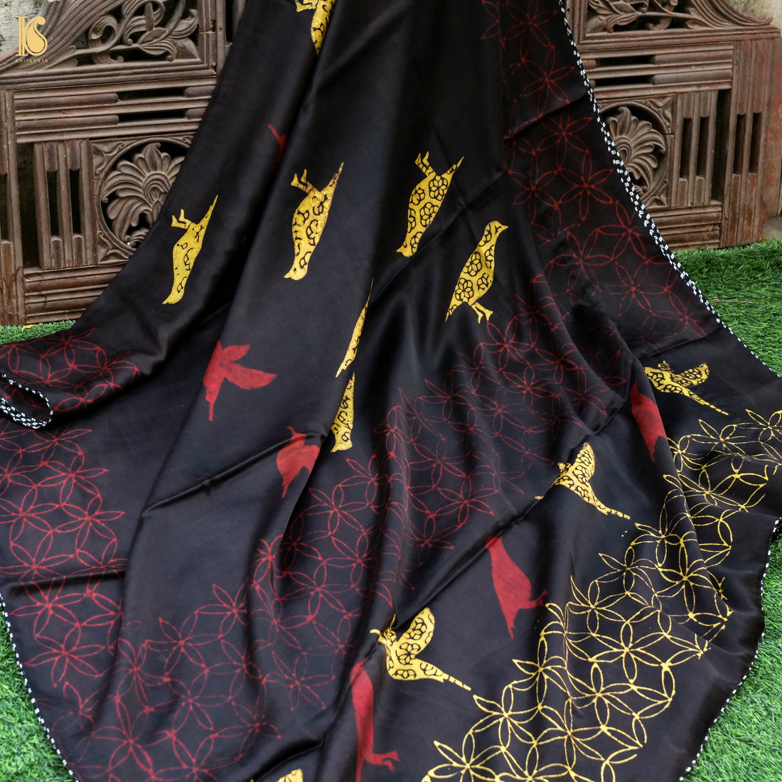 Pakshi - Midnight Express Pure Modal Silk Ajrakh Dupatta - Khinkhwab
