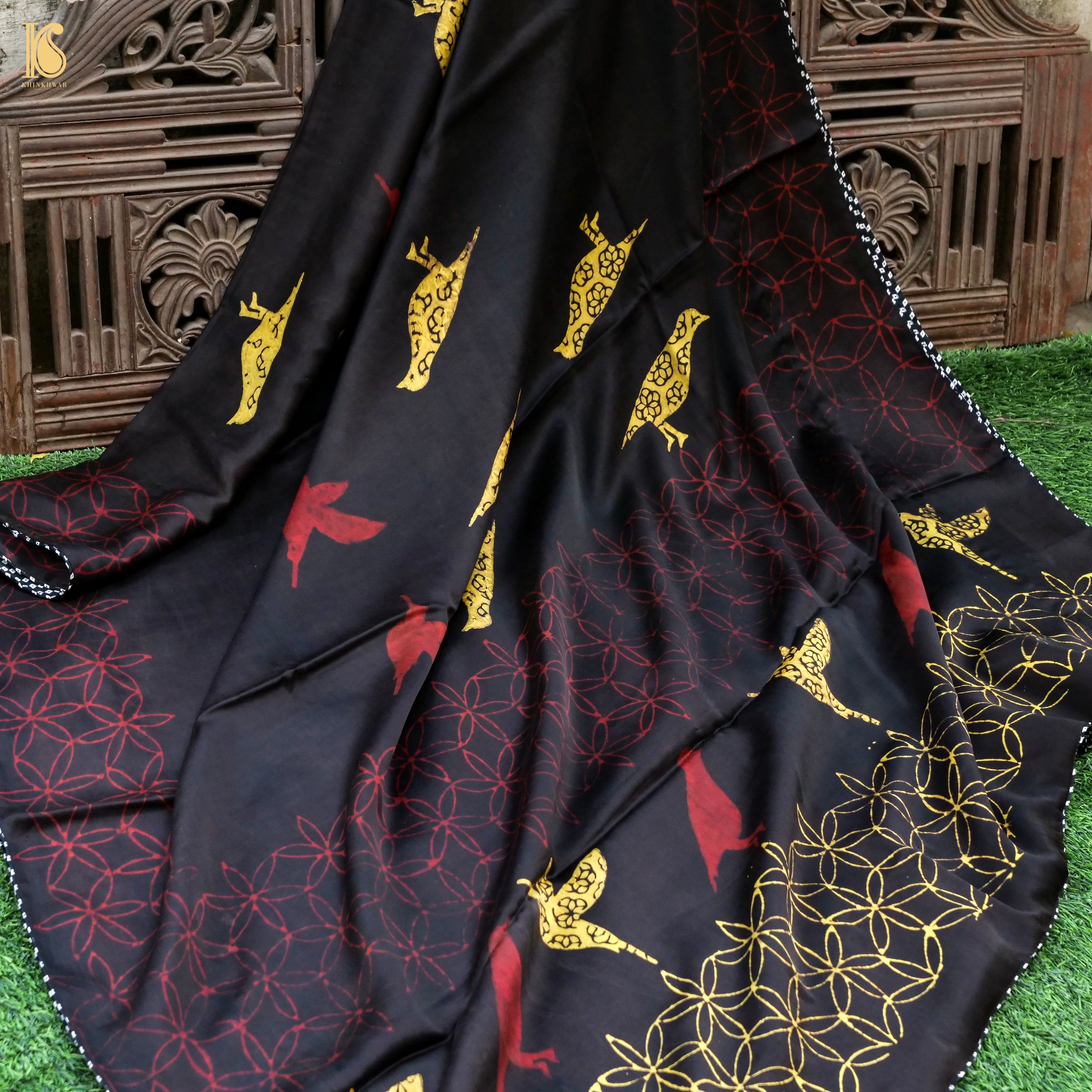 Pakshi - Midnight Express Pure Modal Silk Ajrakh Dupatta - Khinkhwab