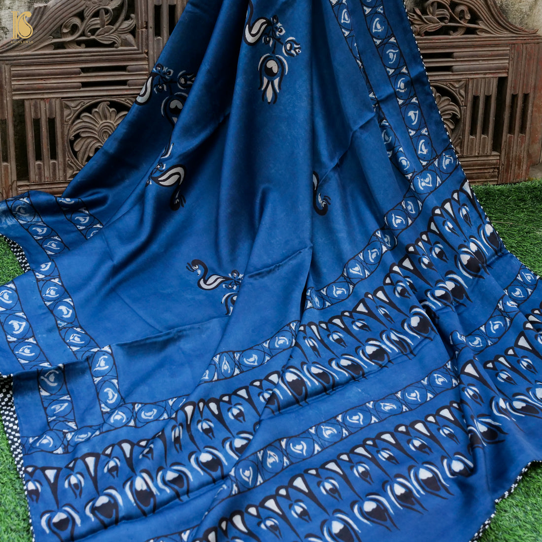 Pakshi - Cobalt Blue Pure Modal Silk Ajrakh Dupatta - Khinkhwab