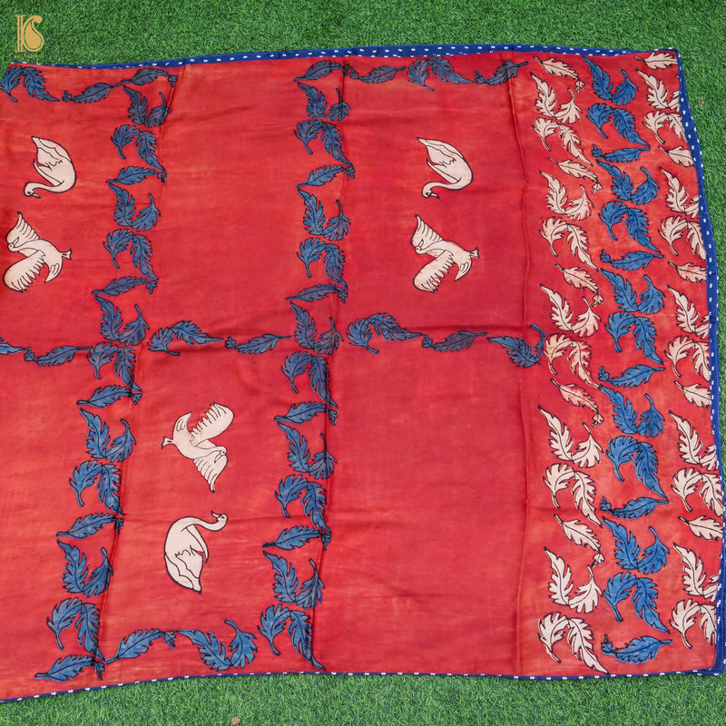 Pakshi -  Brick Red Pure Modal Silk Ajrakh Dupatta - Khinkhwab