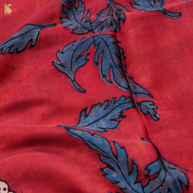 Pakshi -  Brick Red Pure Modal Silk Ajrakh Dupatta - Khinkhwab
