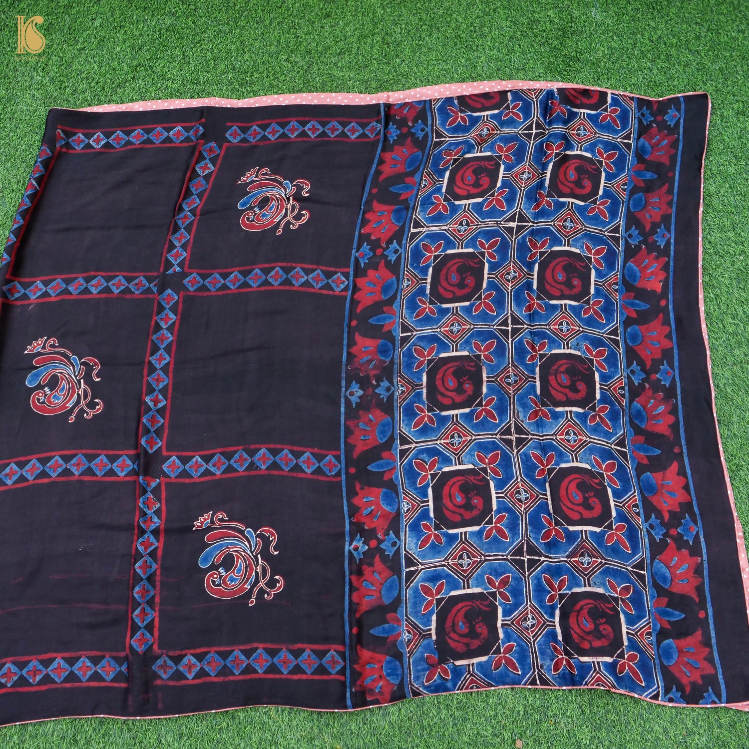 Pakshi - Blue &amp; Black Pure Modal Silk Ajrakh Dupatta - Khinkhwab