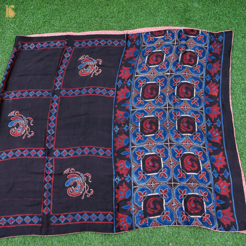 Pakshi - Blue & Black Pure Modal Silk Ajrakh Dupatta - Khinkhwab