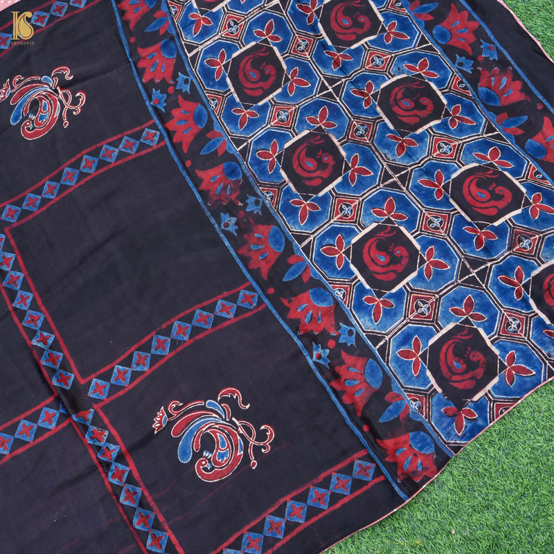 Pakshi - Blue & Black Pure Modal Silk Ajrakh Dupatta - Khinkhwab