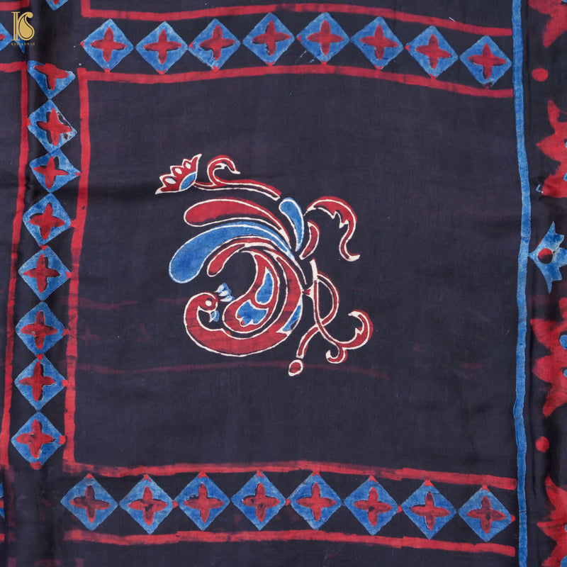 Pakshi - Blue & Black Pure Modal Silk Ajrakh Dupatta - Khinkhwab