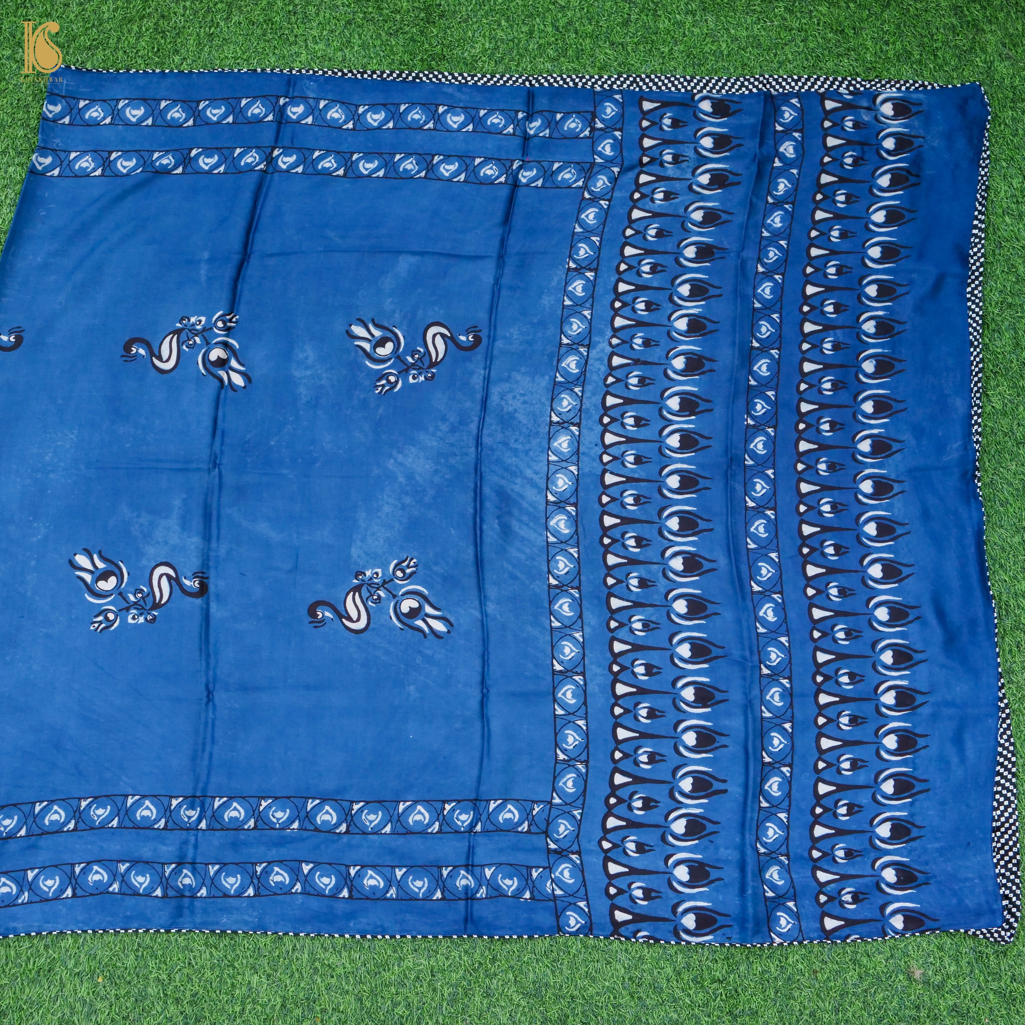 Pakshi - Cobalt Blue Pure Modal Silk Ajrakh Dupatta - Khinkhwab