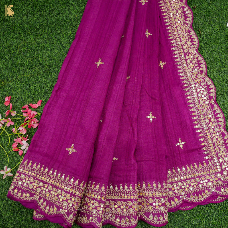 Jazzberry Jam Handloom Pure Tussar Silk Hand Embroidery Saree - Khinkhwab