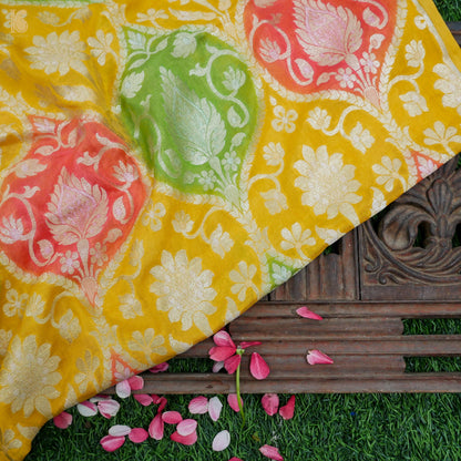 Yellow Pure Georgette Banarasi Fabric with Hand Brush - Khinkhwab