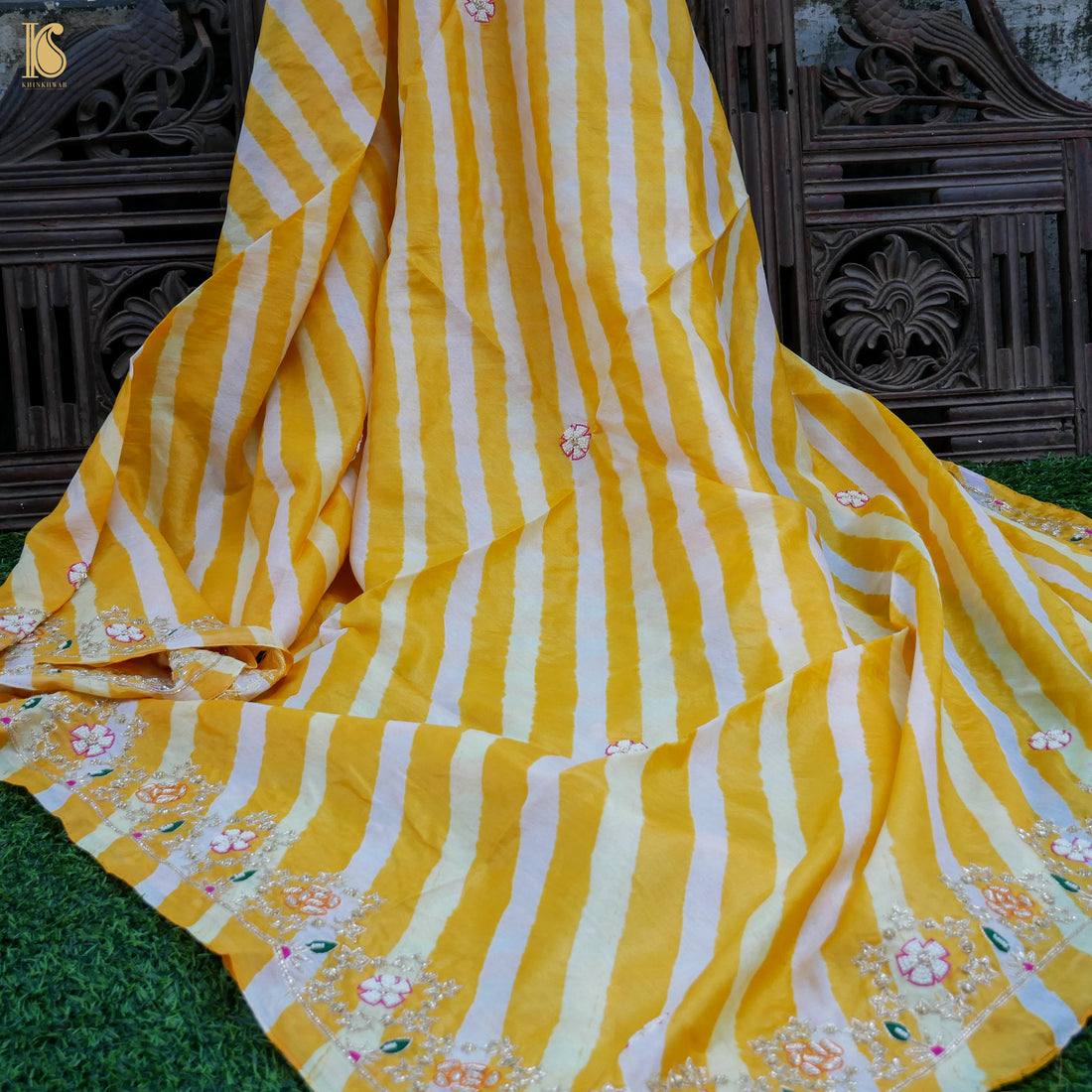 Yellow Leheriya Pure Tussar Silk Pearl &amp; Zardozi Embroidery Dupatta - Khinkhwab