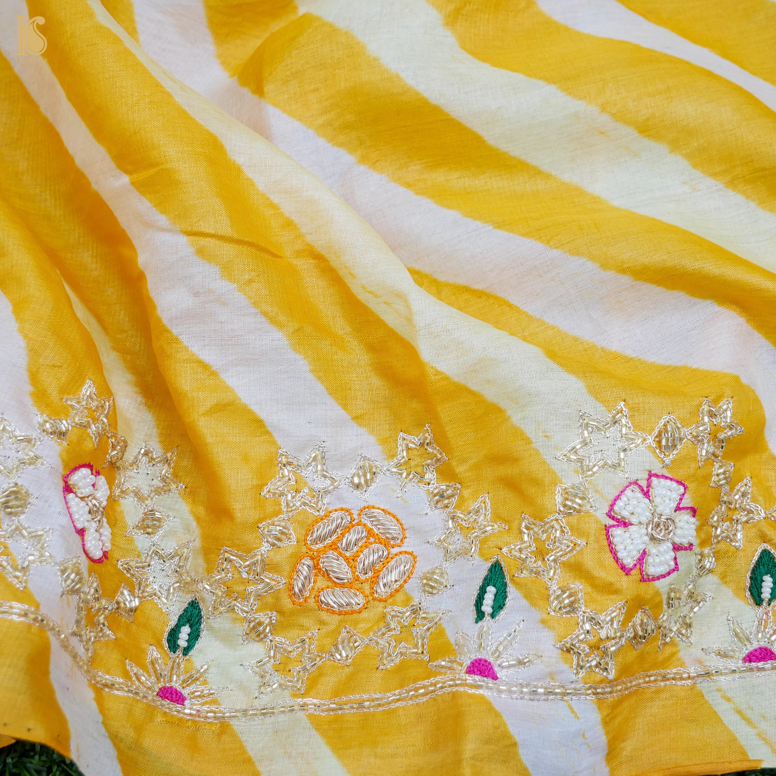 Yellow Leheriya Pure Tussar Silk Pearl &amp; Zardozi Embroidery Dupatta - Khinkhwab