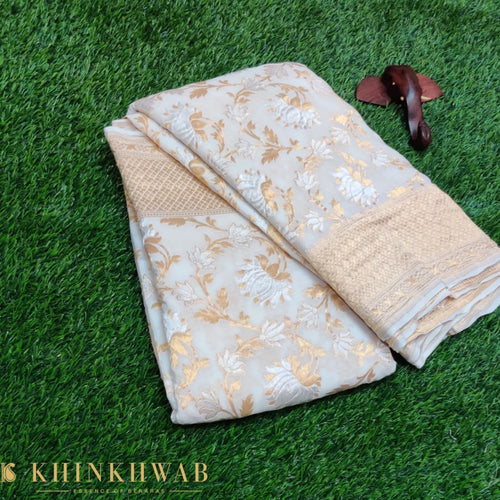 Preorder: White Pure Georgette Handloom Banarasi Jaal Lotus Saree - Khinkhwab