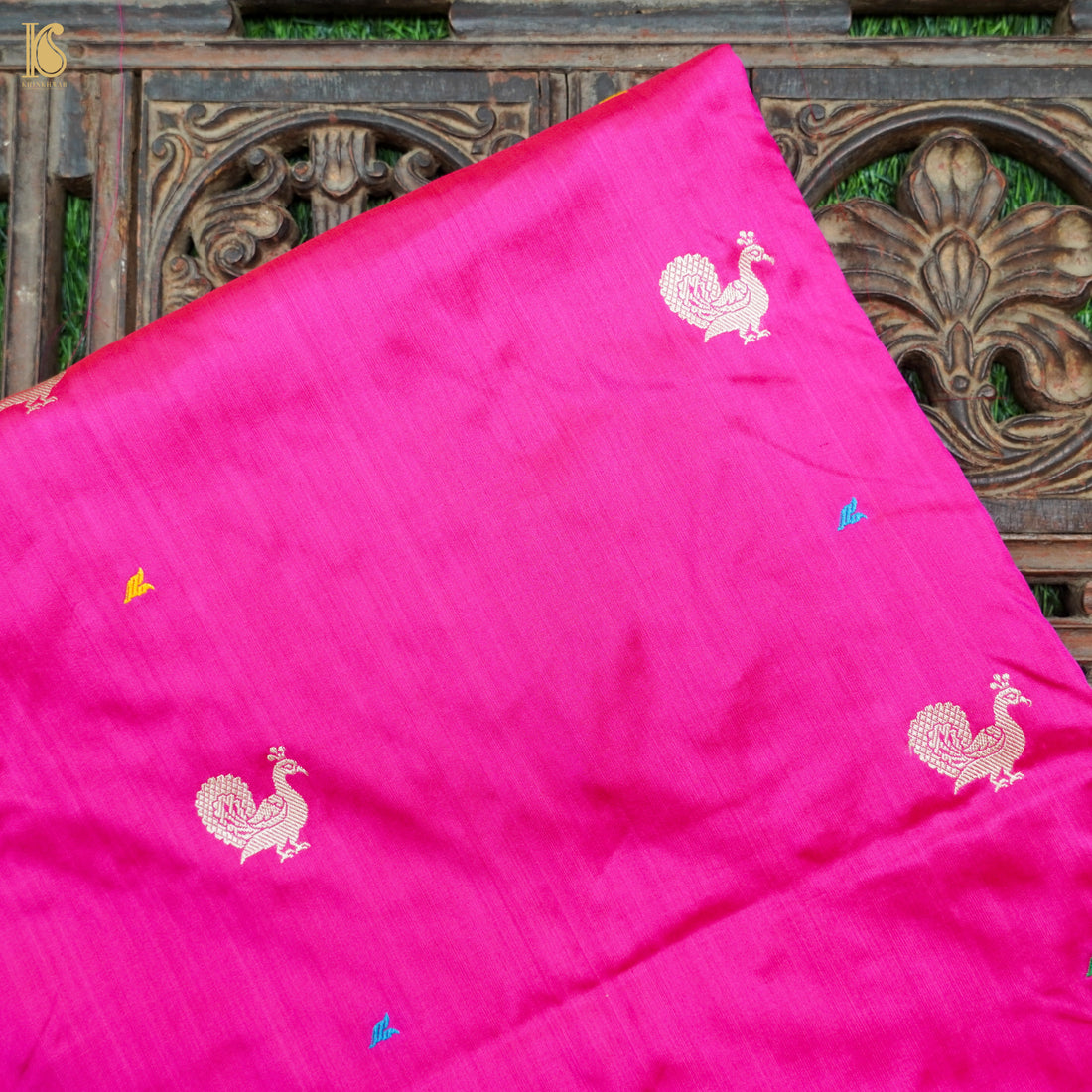 Persian Rose Handwoven Pure Katan Silk Banarasi Peacock Kadwa Fabric - Khinkhwab