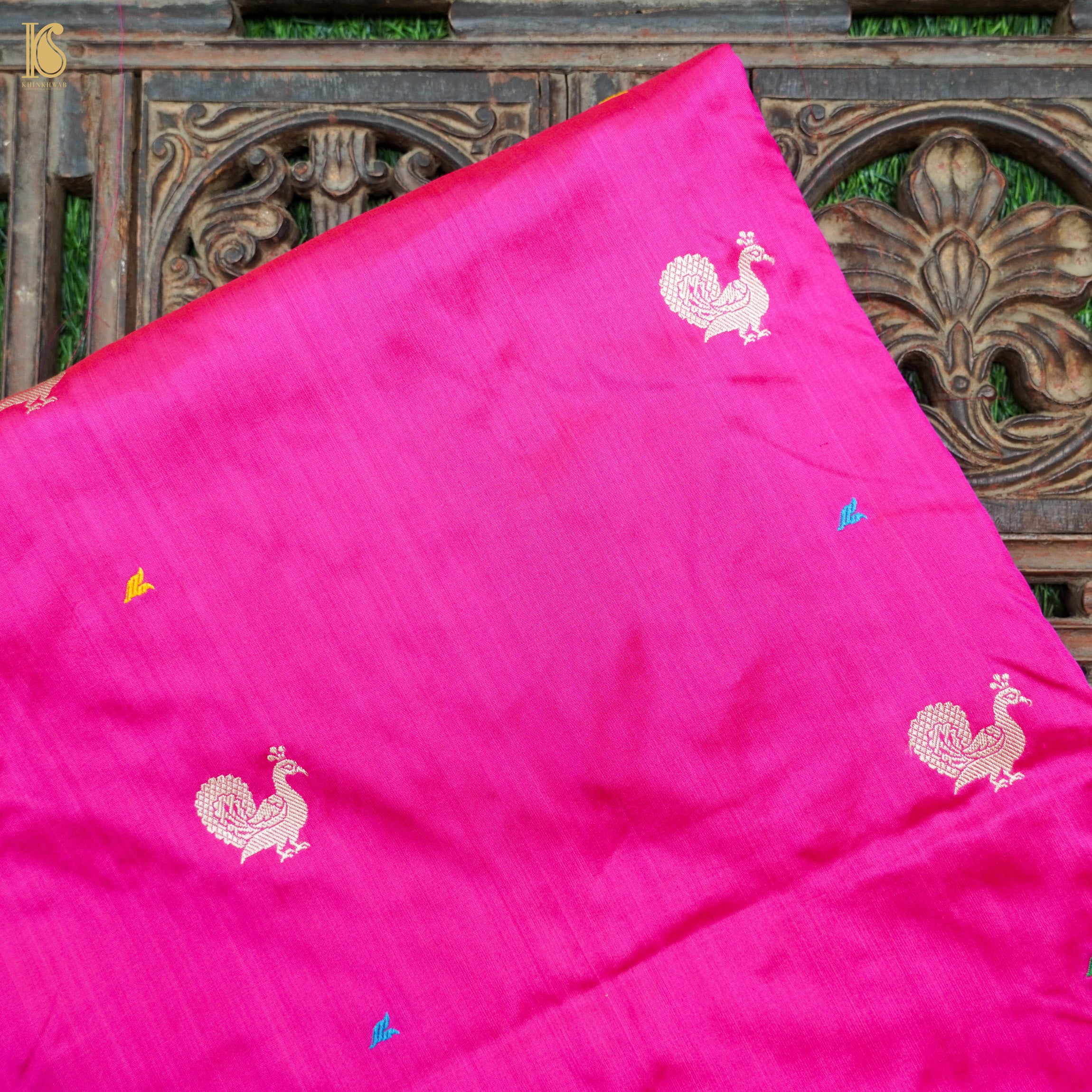 Persian Rose Handwoven Pure Katan Silk Banarasi Peacock Kadwa Fabric - Khinkhwab