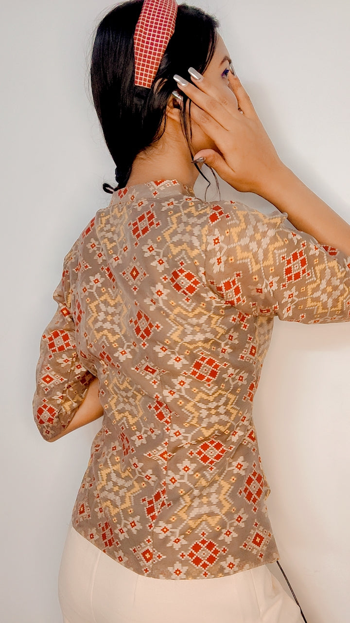 Brown Pure Moonga Silk Patola Print Stitched Jacket Blouse - Khinkhwab