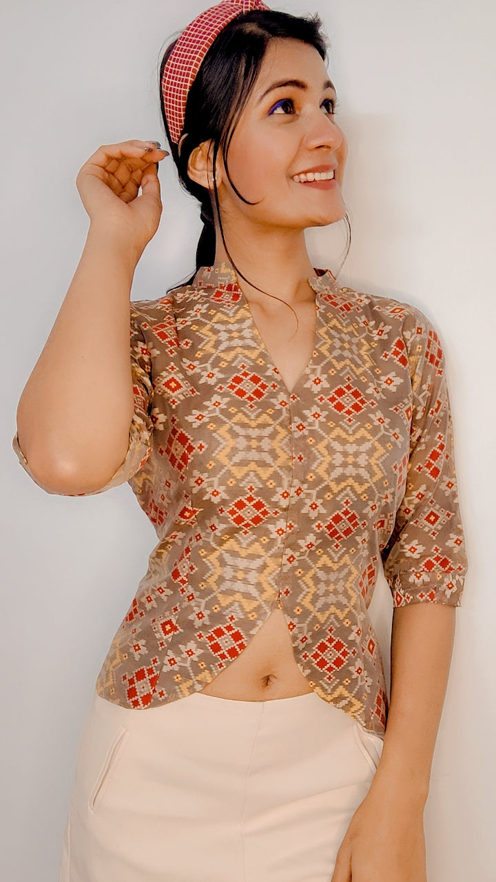 Brown Pure Moonga Silk Patola Print Stitched Jacket Blouse - Khinkhwab