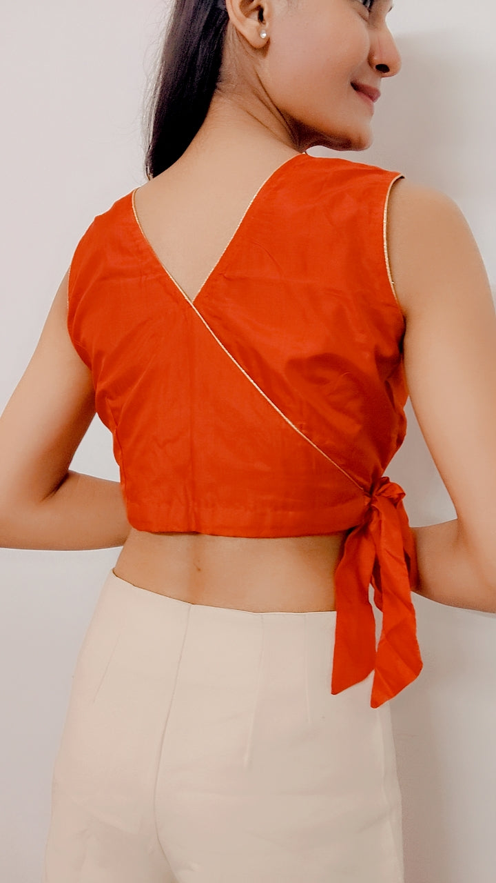 Orange Pure Silk Stitched Sleeveless Blouse - Khinkhwab