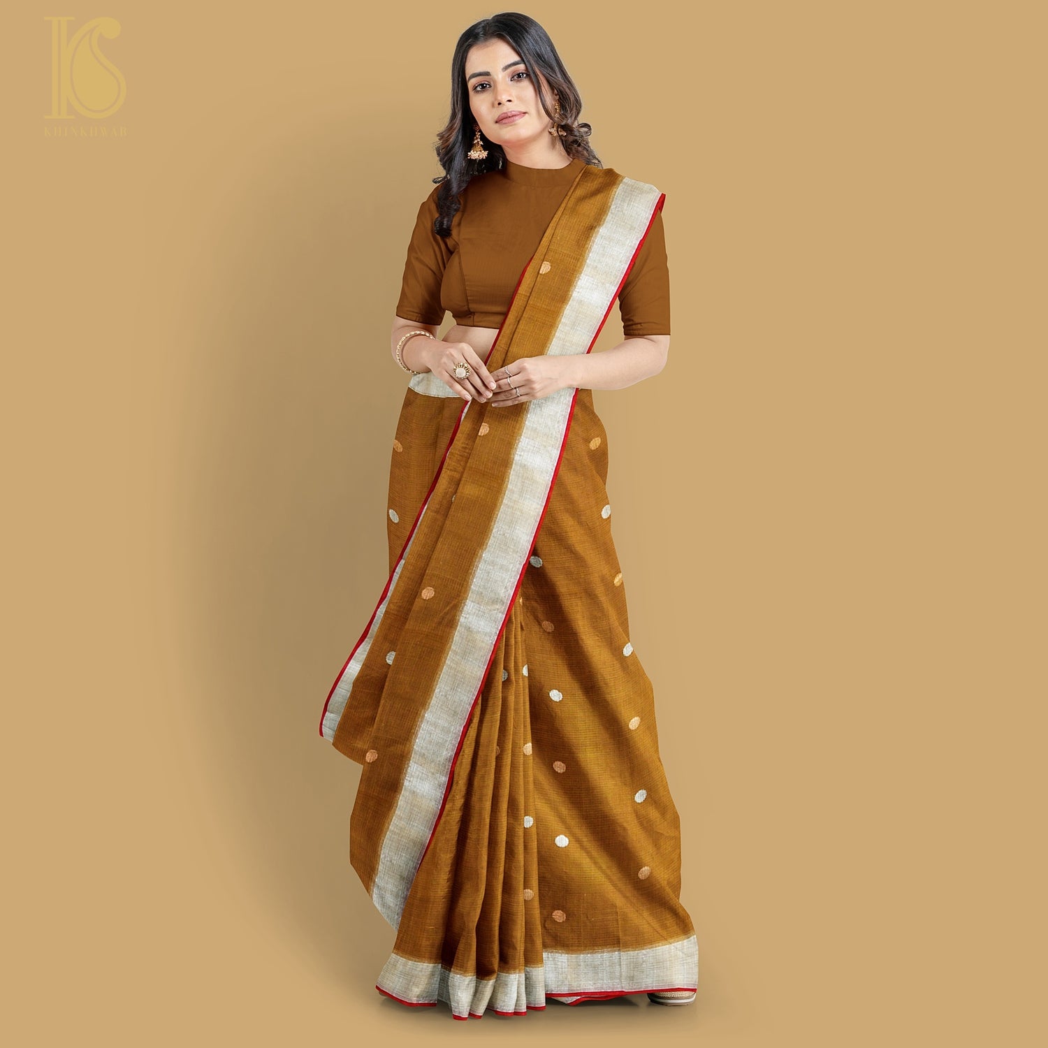 Handwoven Brown Real Zari Kota Silk Saree - Khinkhwab