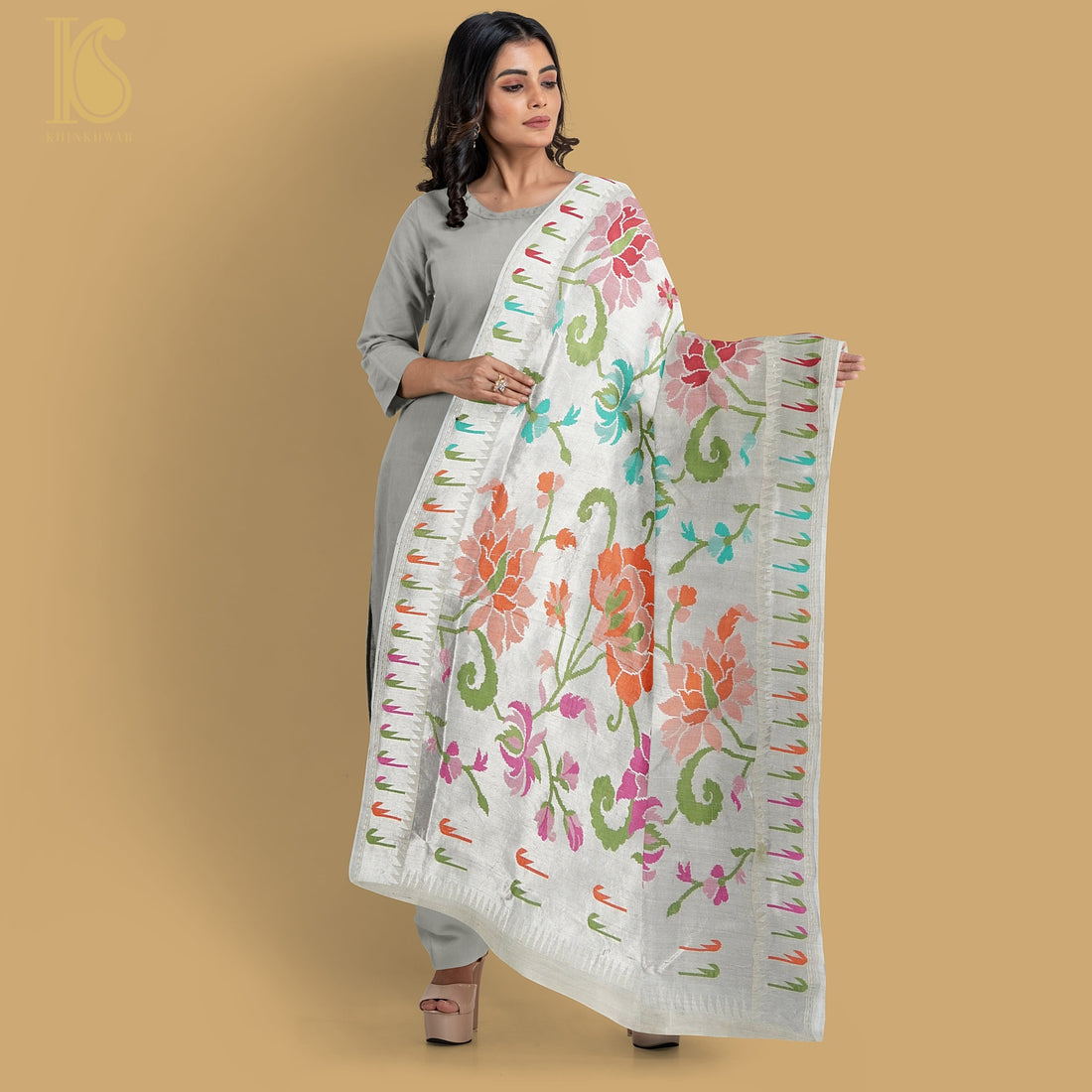 Beige Pure Tussar Silk Silver Zari Banarasi Zari Muniya Border Dupatta - Khinkhwab