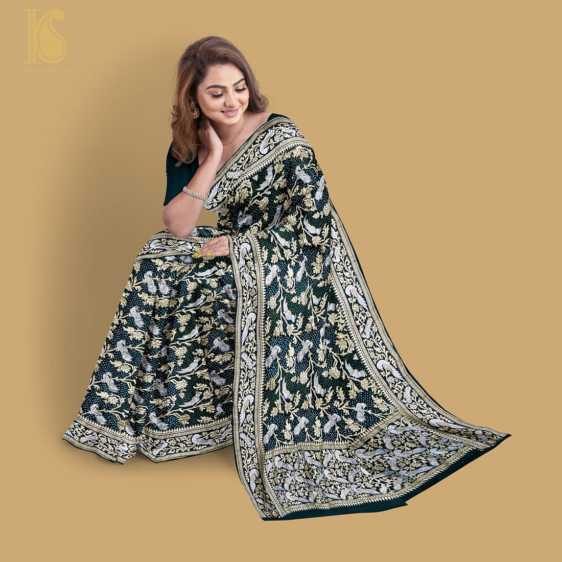 Preorder : Black Pure Georgette Handloom Banarasi Bandhani Birds of Paradise Saree - Khinkhwab