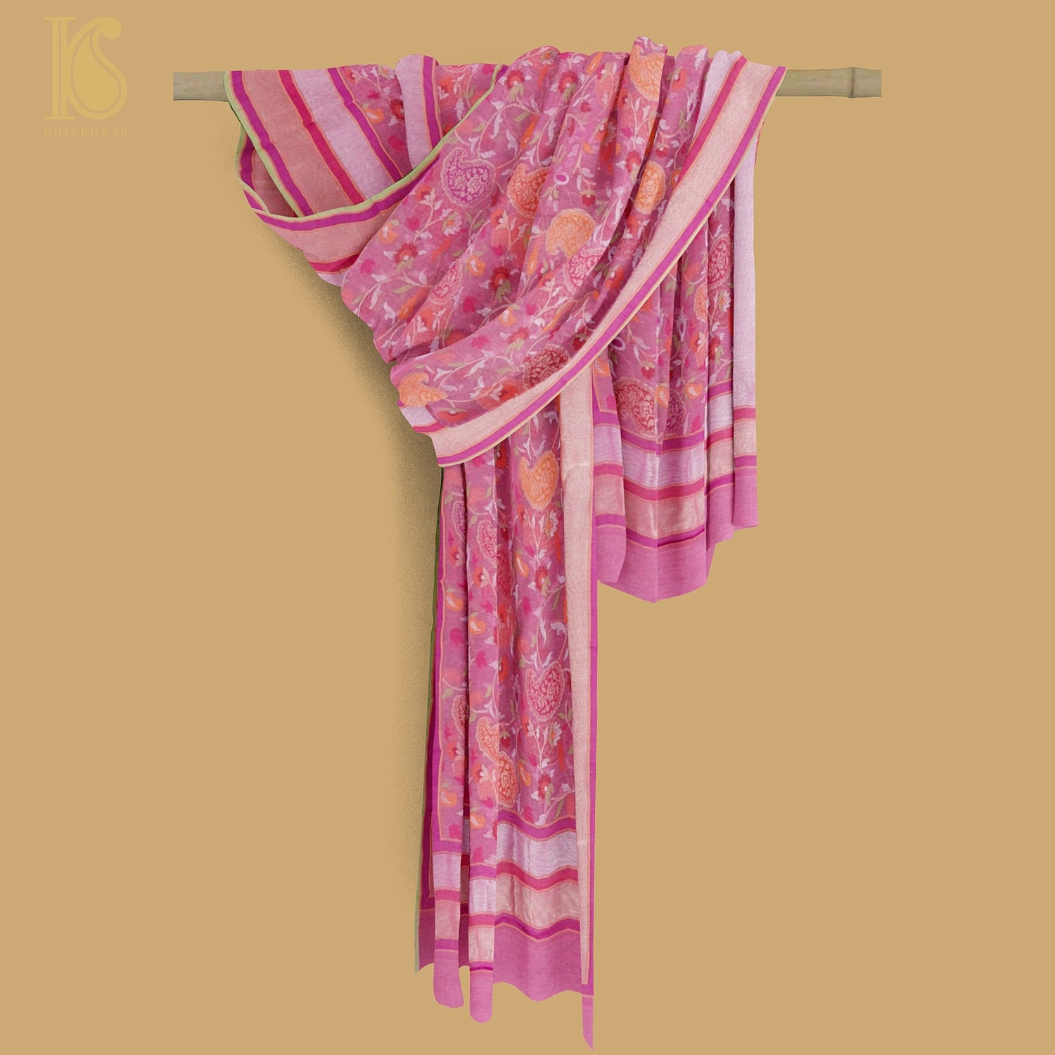 Hopbush Pink Pure Cotton Real Silver Zari Handloom Banarasi Dupatta - Khinkhwab