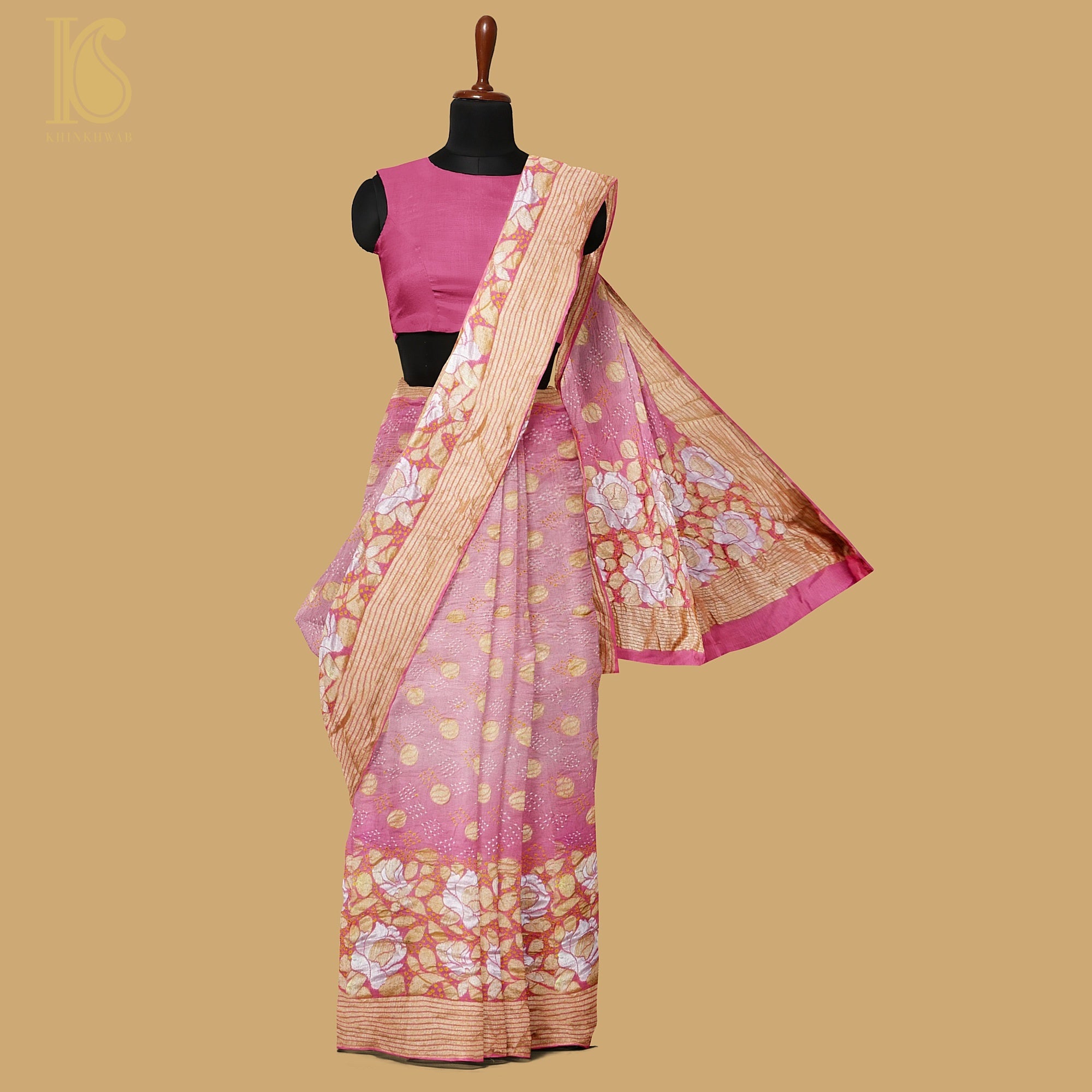 Hopbush Pink Pure Georgette Handloom Banarasi Bandhani Rose Saree - Khinkhwab