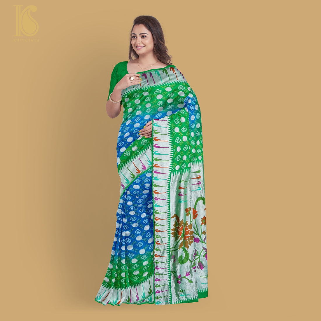 Blue &amp; Green Pure Georgette Muniya Border Banarasi Bareek Bandhani Saree - Khinkhwab