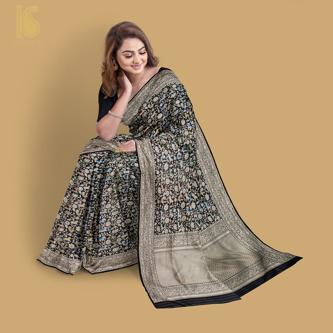 Preorder: Black Pure Katan Silk Handwoven Banarasi Shikargah Saree - Khinkhwab