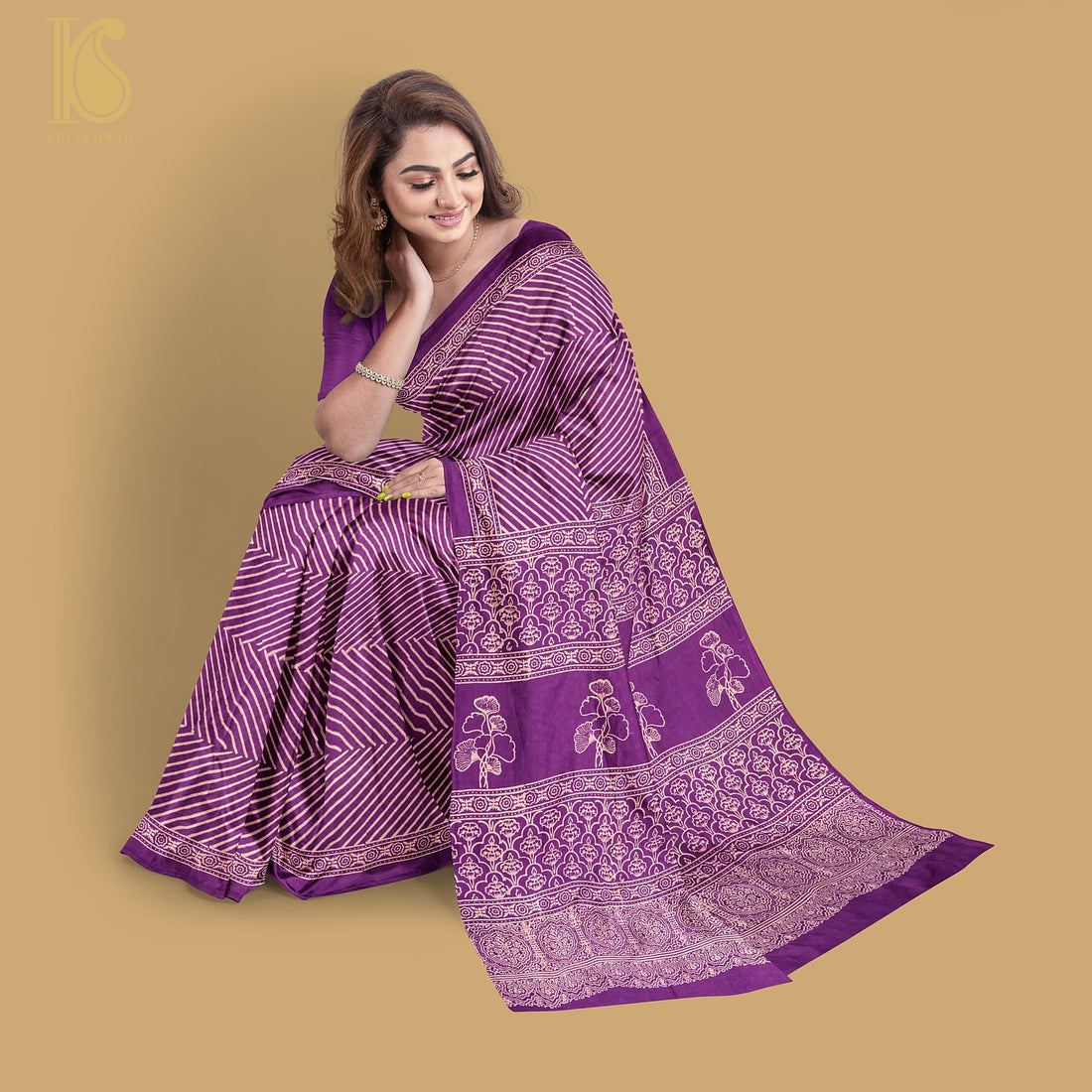 Palatinate Purple Pure Mul Cotton Ajrakh Saree - Khinkhwab