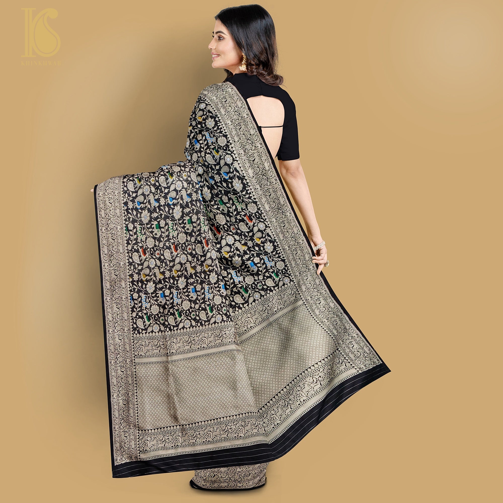 Preorder: Black Pure Katan Silk Handwoven Banarasi Shikargah Saree - Khinkhwab