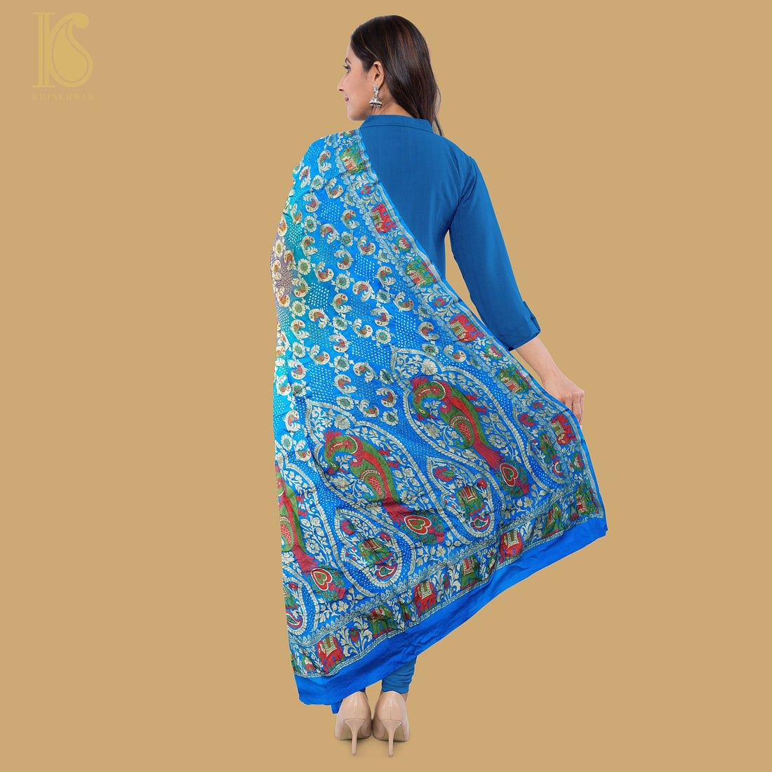 Dodger Blue & Grey Georgette Handloom Bandhani Banarasi Parrot Dupatta - Khinkhwab