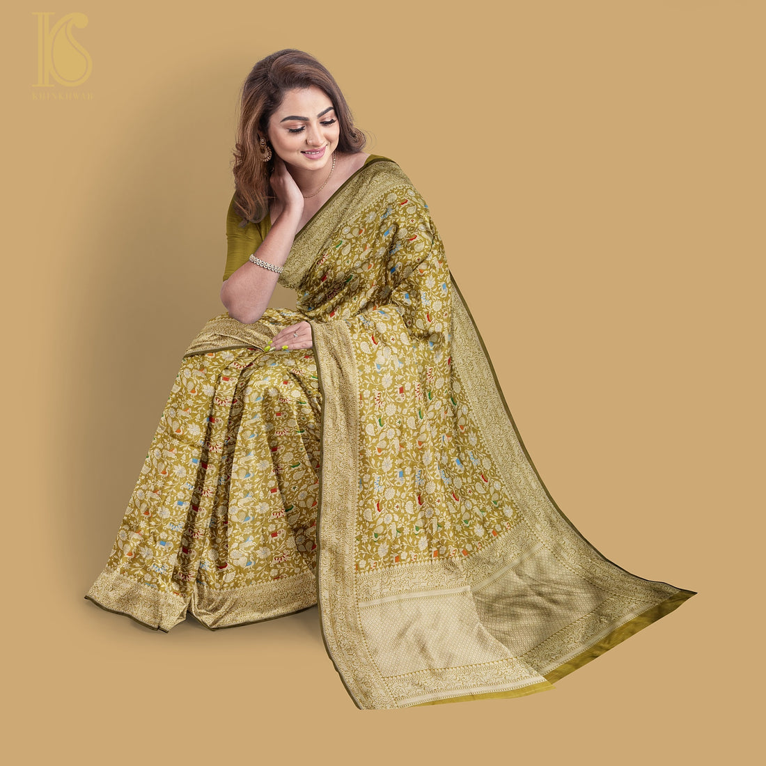 Reef Gold Pure Katan Silk Handwoven Banarasi Shikargah Saree - Preorder - Khinkhwab
