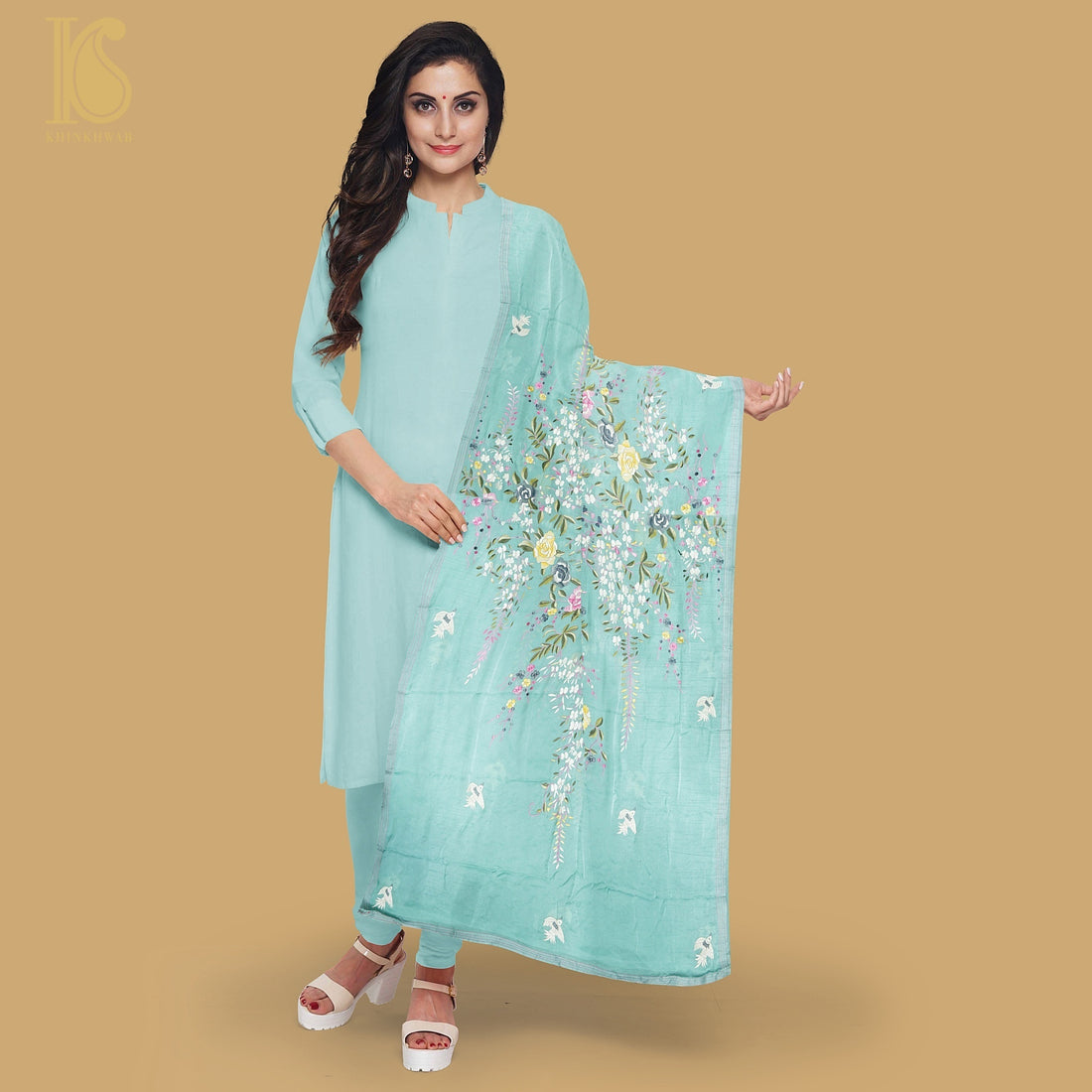 Monte Carlo Green Handcrafted Parsi Gara Pure Crepe Dupatta - Khinkhwab