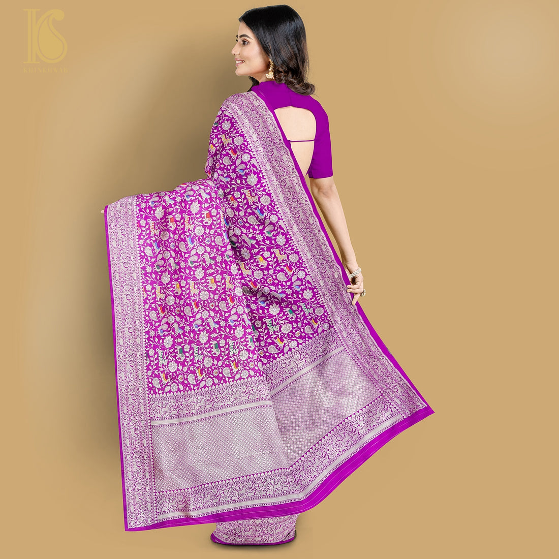 Purple Handloom Katan Silk Banarasi Shikargah Saree - Khinkhwab