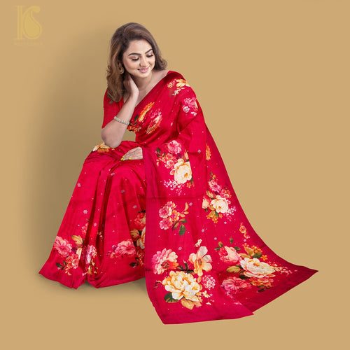 Mahogany Red Pure Textured Crepe Silk Printed Banarasi Saree - Khinkhwab