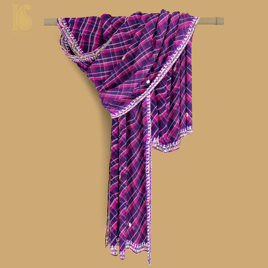 Purple &amp; Pink Leheriya Pure Organza Gotta Patti Dupatta - Khinkhwab