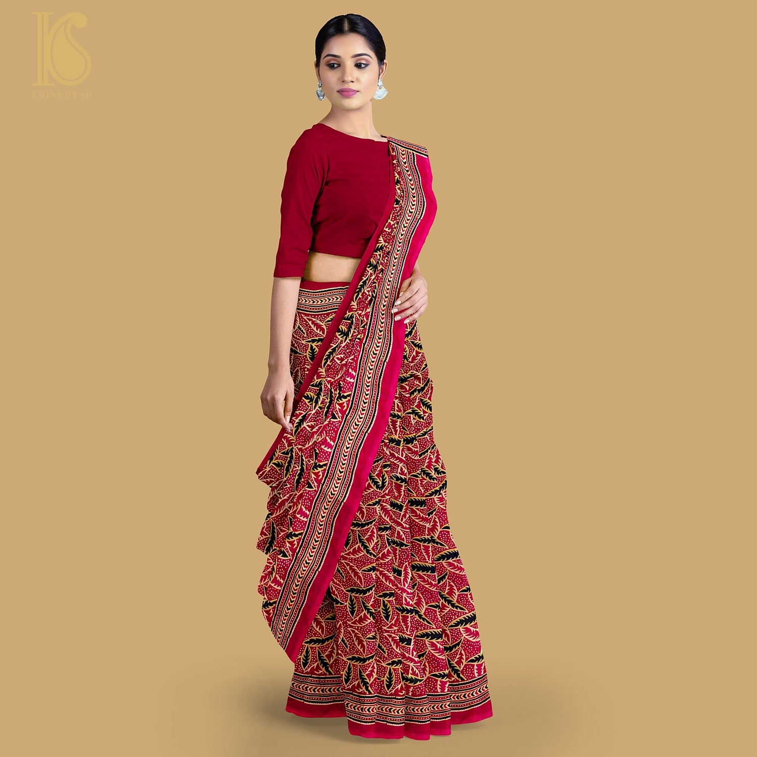Ajrakh Hand Print Red Modal Silk Saree / Free Shipping in US 