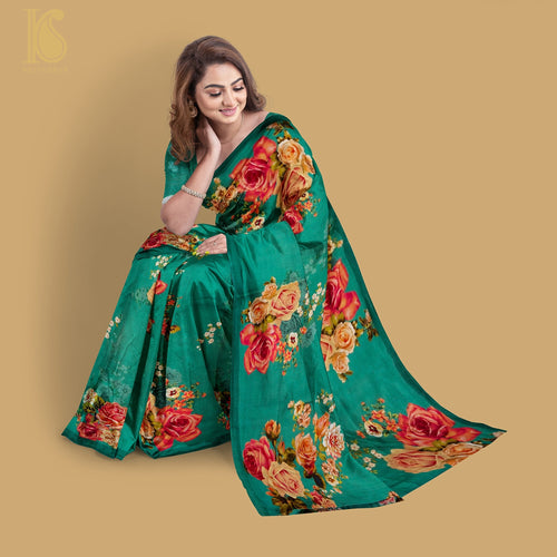 Persian Green Pure Textured Crepe Silk Printed Banarasi Saree - Khinkhwab