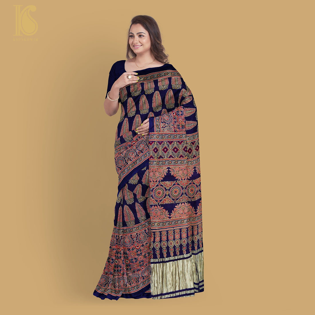 Blue Gajji Silk Handblock Ajrakh Saree - Khinkhwab