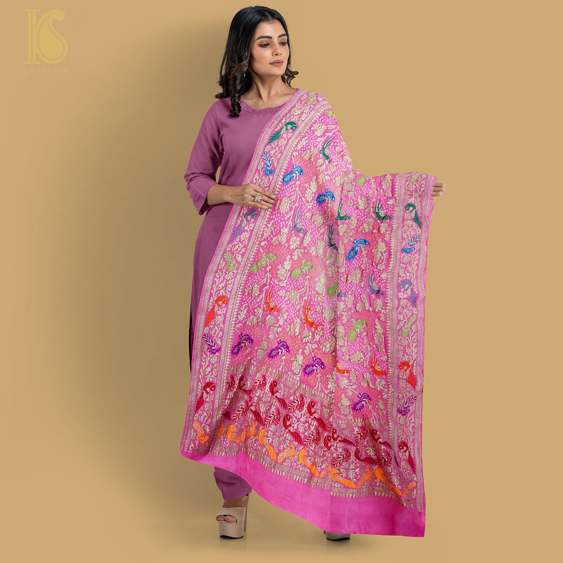 Pink Pure Georgette Handloom Banarasi Birds of Paradise Bandhani Dupatta - Khinkhwab