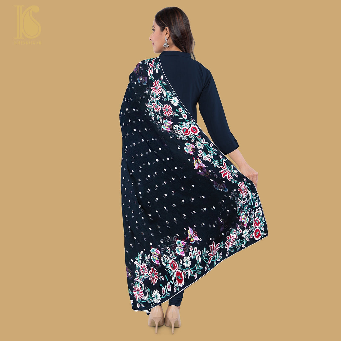 Black Handcrafted Parsi Gara Pure Georgette Dupatta - Khinkhwab