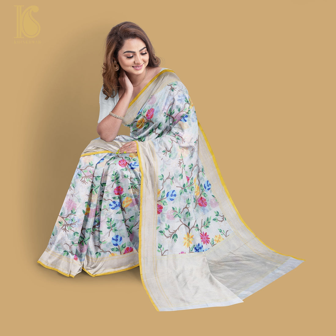 Pearl White Handwoven Pure Cotton Real Silver Zari Banarasi Saree - Khinkhwab