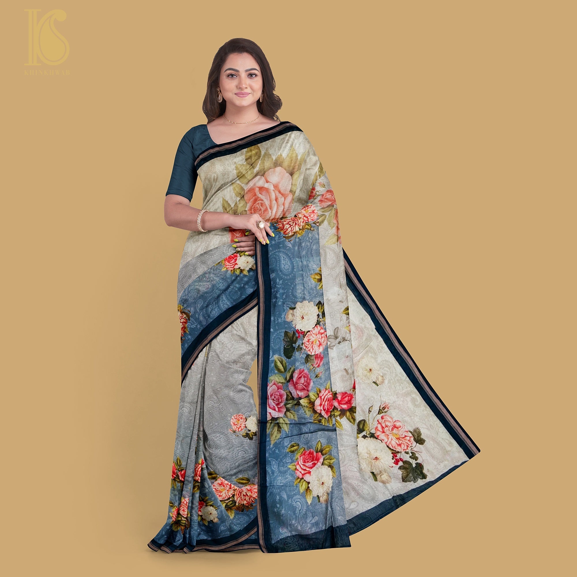 Grey &amp; Beige Pure Cotton Floral Digital Print Saree - Khinkhwab