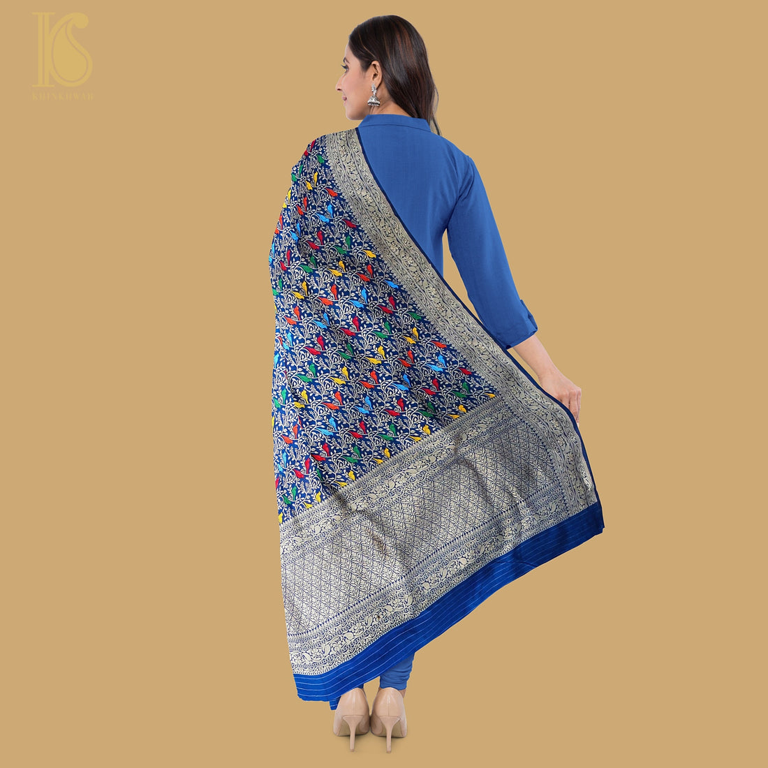 Sapphire Blue Pure Katan Silk Handwoven Banarasi Jaal Chidiya Dupatta - Khinkhwab