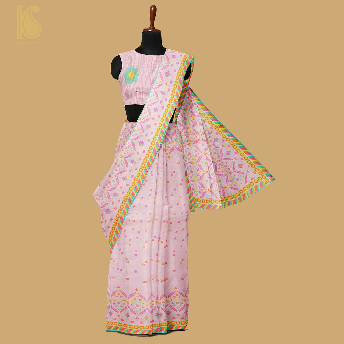 NERGİS -Azalea Pink Pure Sateen Silk Print Saree - Khinkhwab