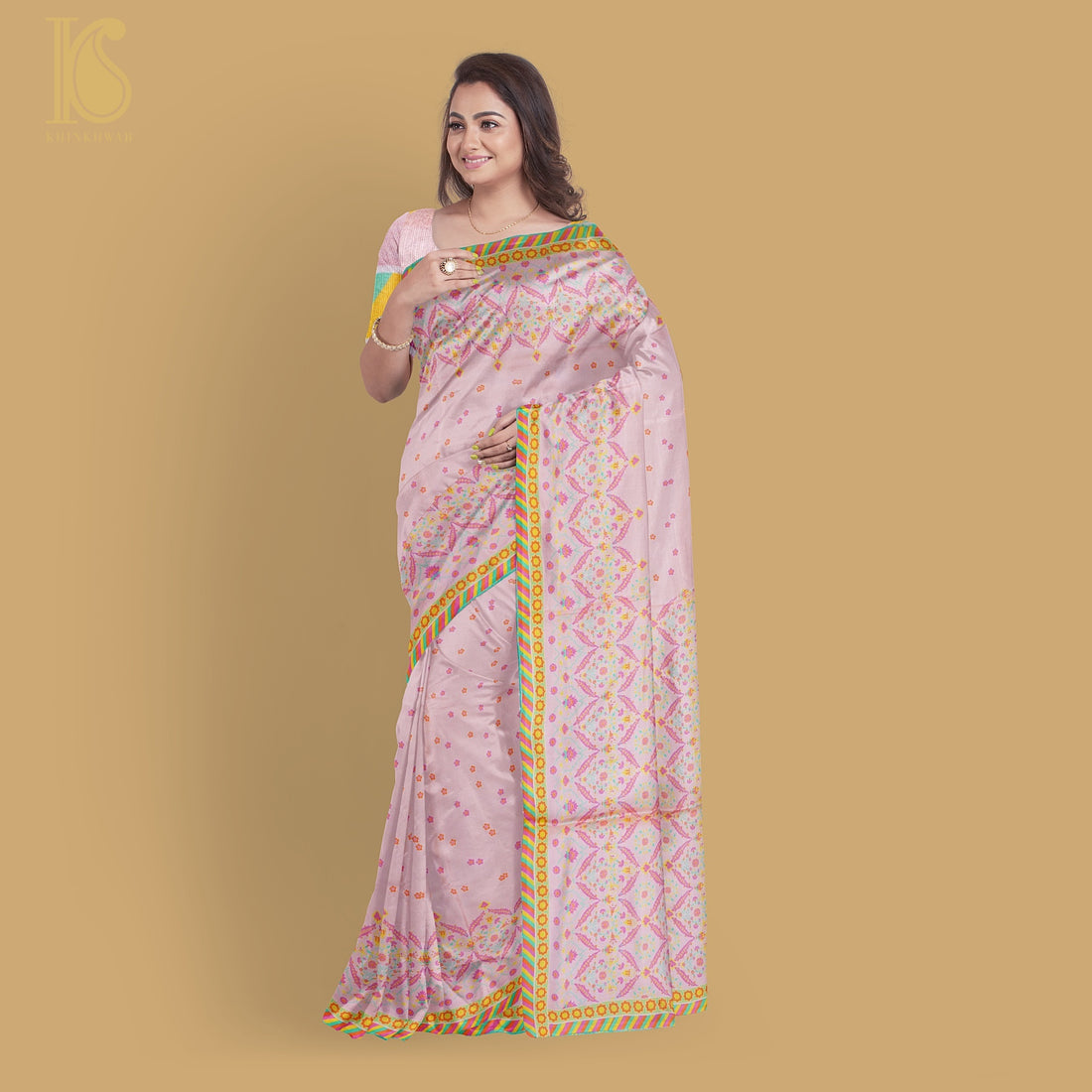 NERGİS -Azalea Pink Pure Sateen Silk Print Saree - Khinkhwab
